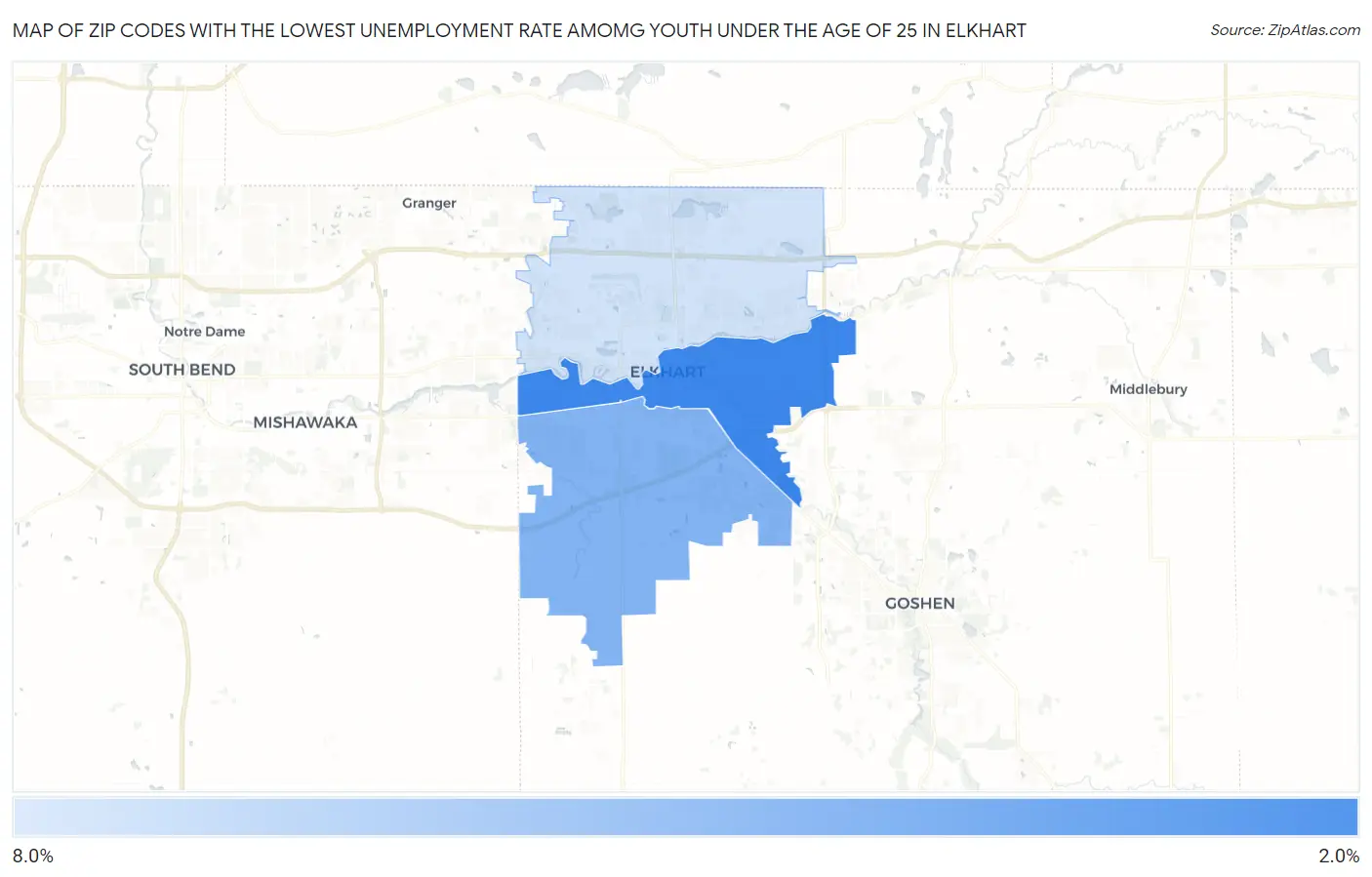 Zip Codes with the Lowest Unemployment Rate Amomg Youth Under the Age of 25 in Elkhart Map