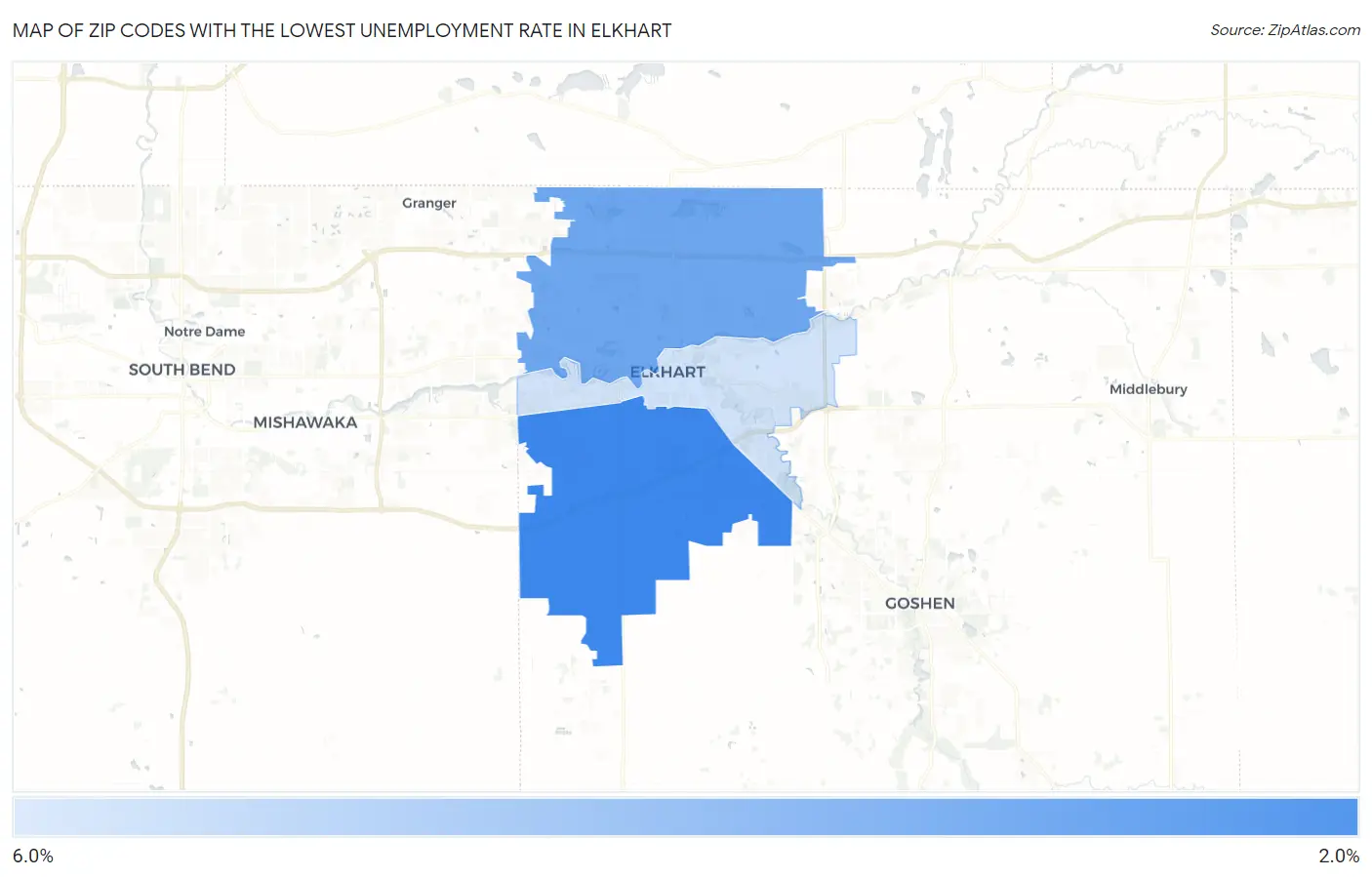 Zip Codes with the Lowest Unemployment Rate in Elkhart Map