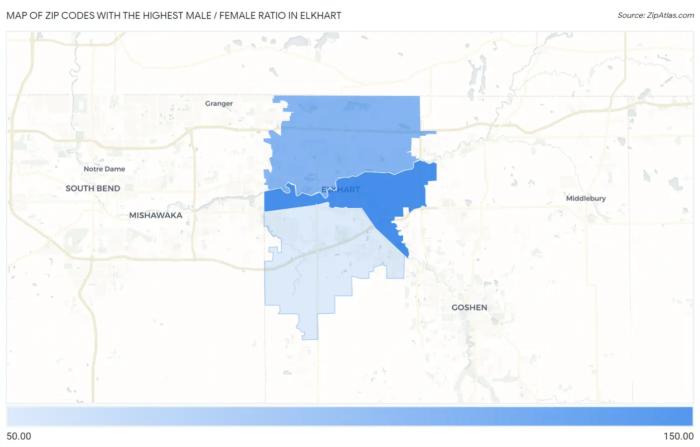 Zip Codes with the Highest Male / Female Ratio in Elkhart Map