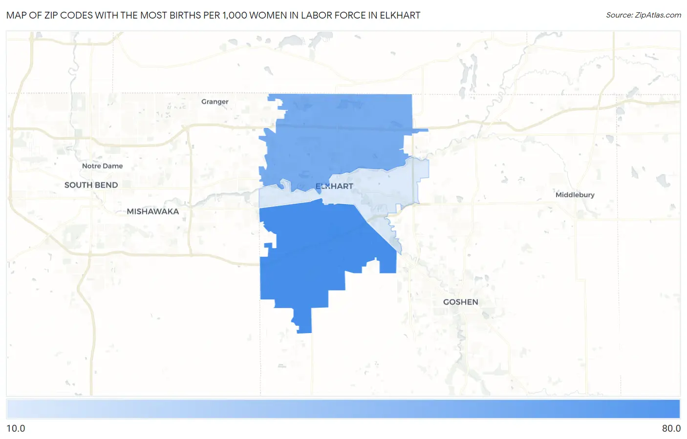 Zip Codes with the Most Births per 1,000 Women in Labor Force in Elkhart Map