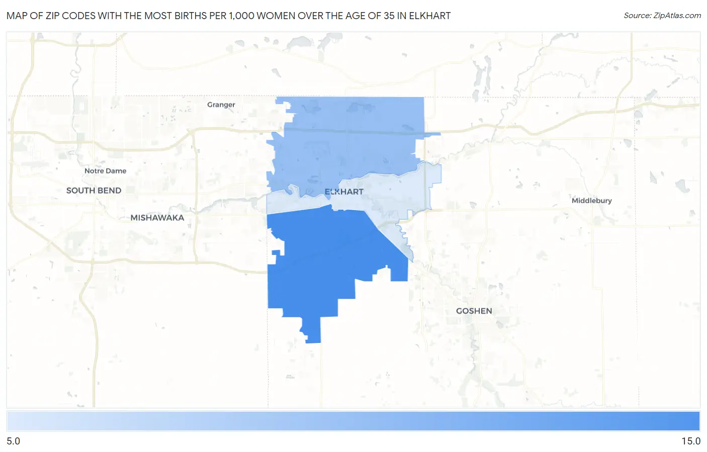 Zip Codes with the Most Births per 1,000 Women Over the Age of 35 in Elkhart Map