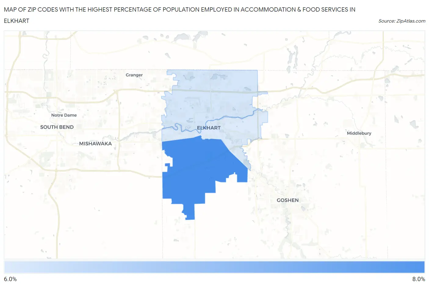 Zip Codes with the Highest Percentage of Population Employed in Accommodation & Food Services in Elkhart Map