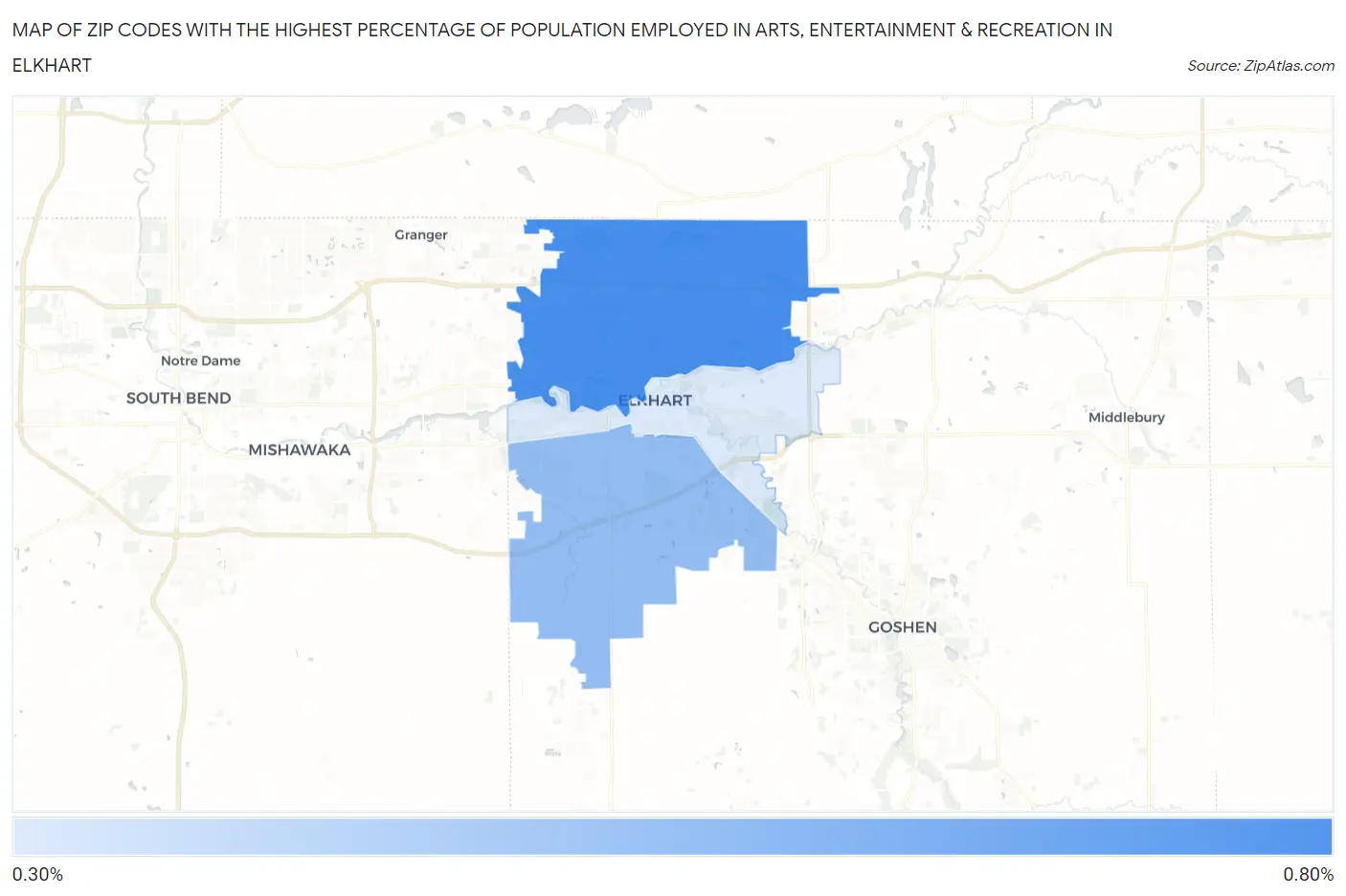 Zip Codes with the Highest Percentage of Population Employed in Arts, Entertainment & Recreation in Elkhart Map