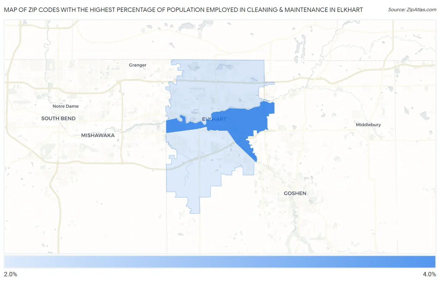 Zip Codes with the Highest Percentage of Population Employed in Cleaning & Maintenance in Elkhart Map