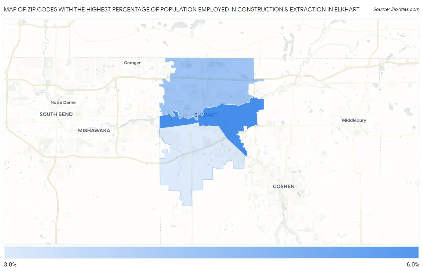 Zip Codes with the Highest Percentage of Population Employed in Construction & Extraction in Elkhart Map