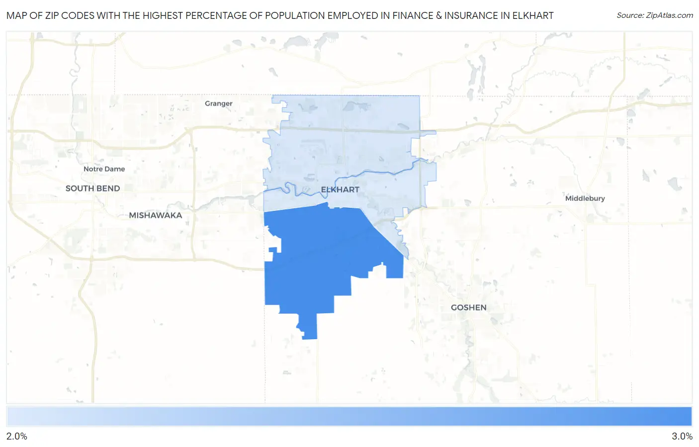 Zip Codes with the Highest Percentage of Population Employed in Finance & Insurance in Elkhart Map