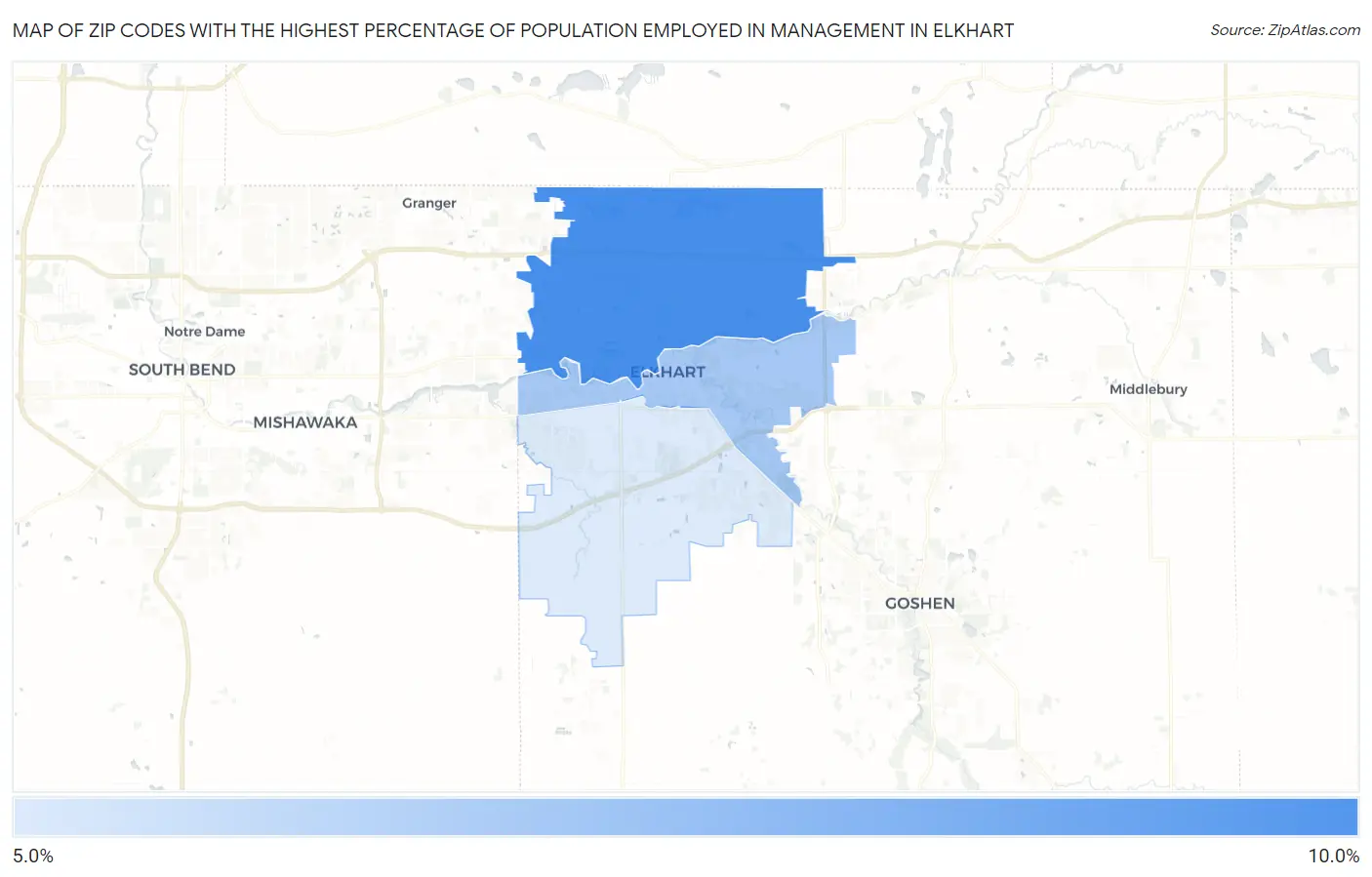 Zip Codes with the Highest Percentage of Population Employed in Management in Elkhart Map