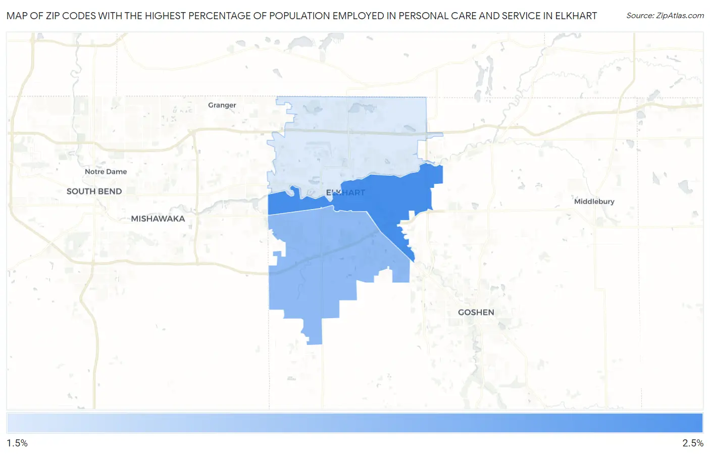 Zip Codes with the Highest Percentage of Population Employed in Personal Care and Service in Elkhart Map