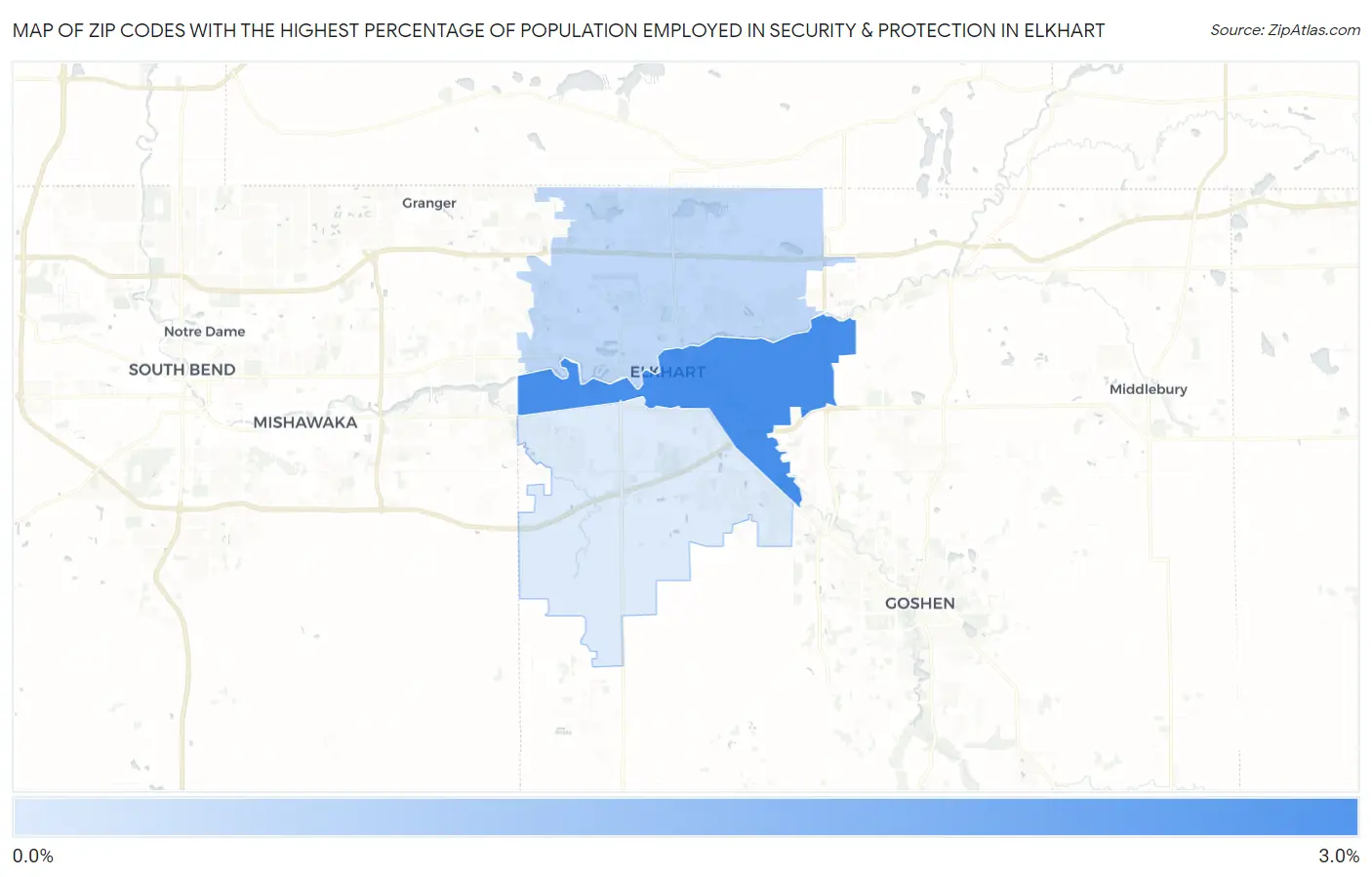 Zip Codes with the Highest Percentage of Population Employed in Security & Protection in Elkhart Map