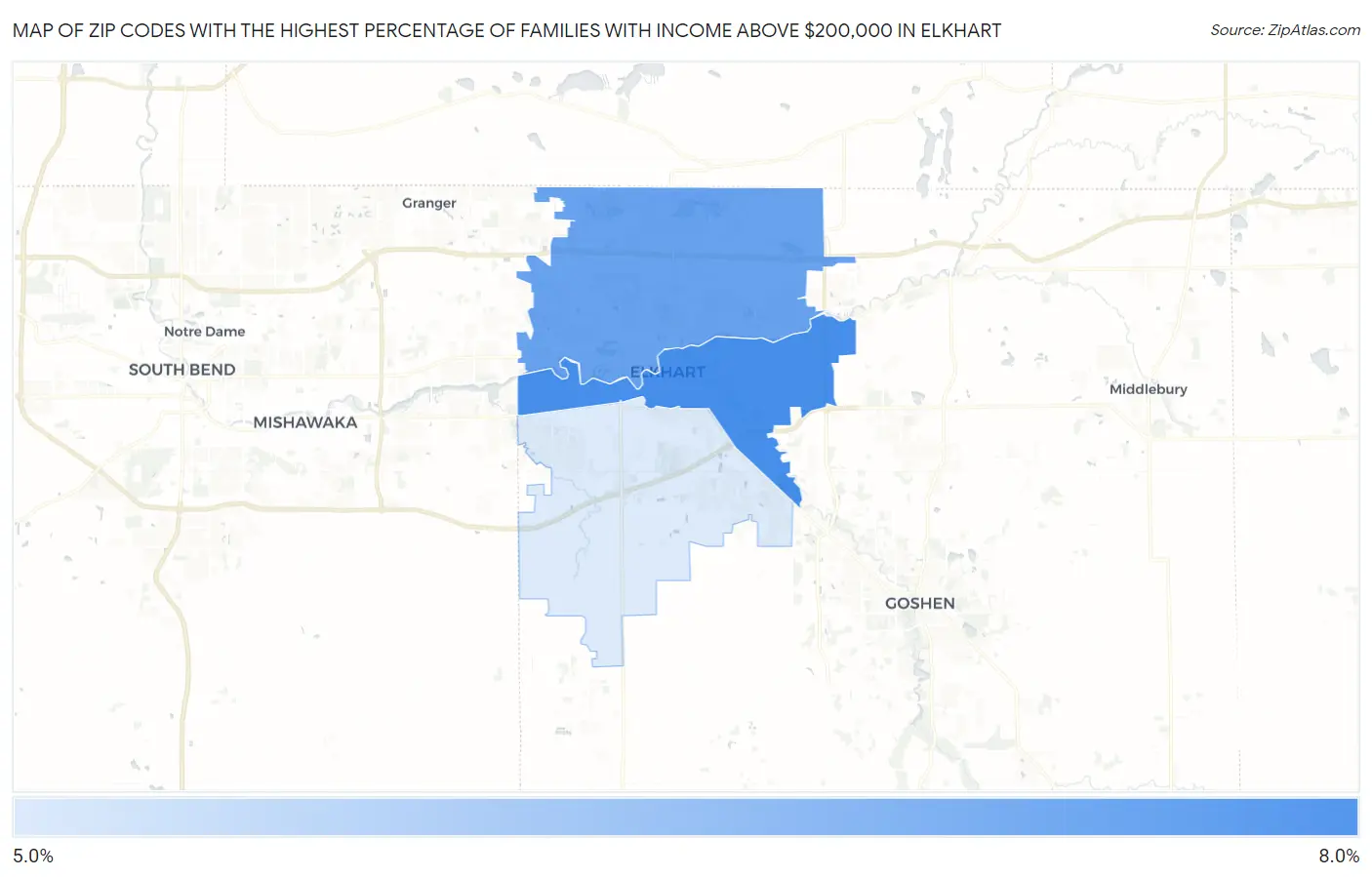 Zip Codes with the Highest Percentage of Families with Income Above $200,000 in Elkhart Map