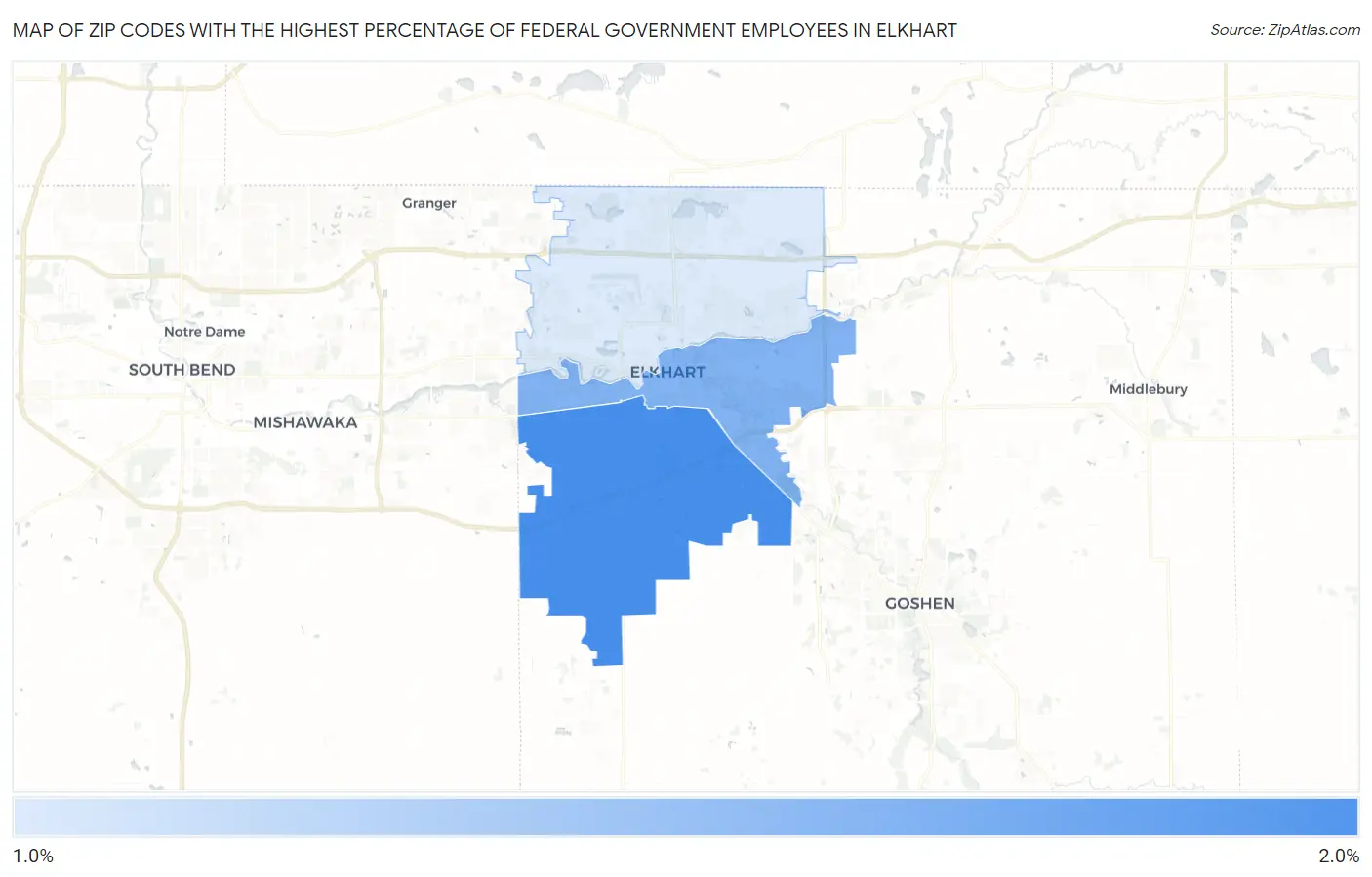 Zip Codes with the Highest Percentage of Federal Government Employees in Elkhart Map