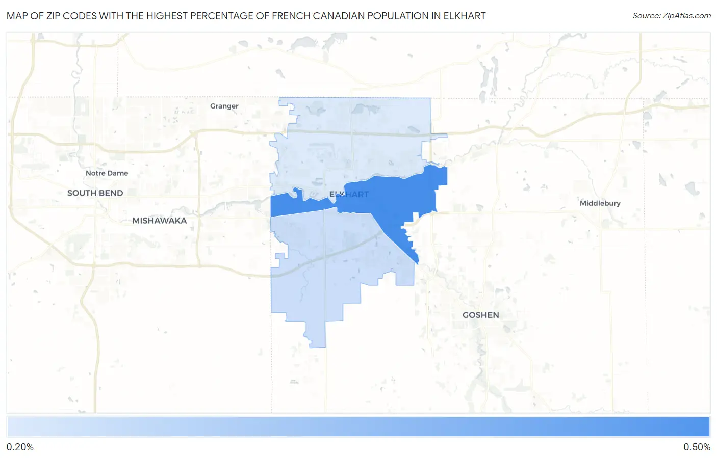 Zip Codes with the Highest Percentage of French Canadian Population in Elkhart Map