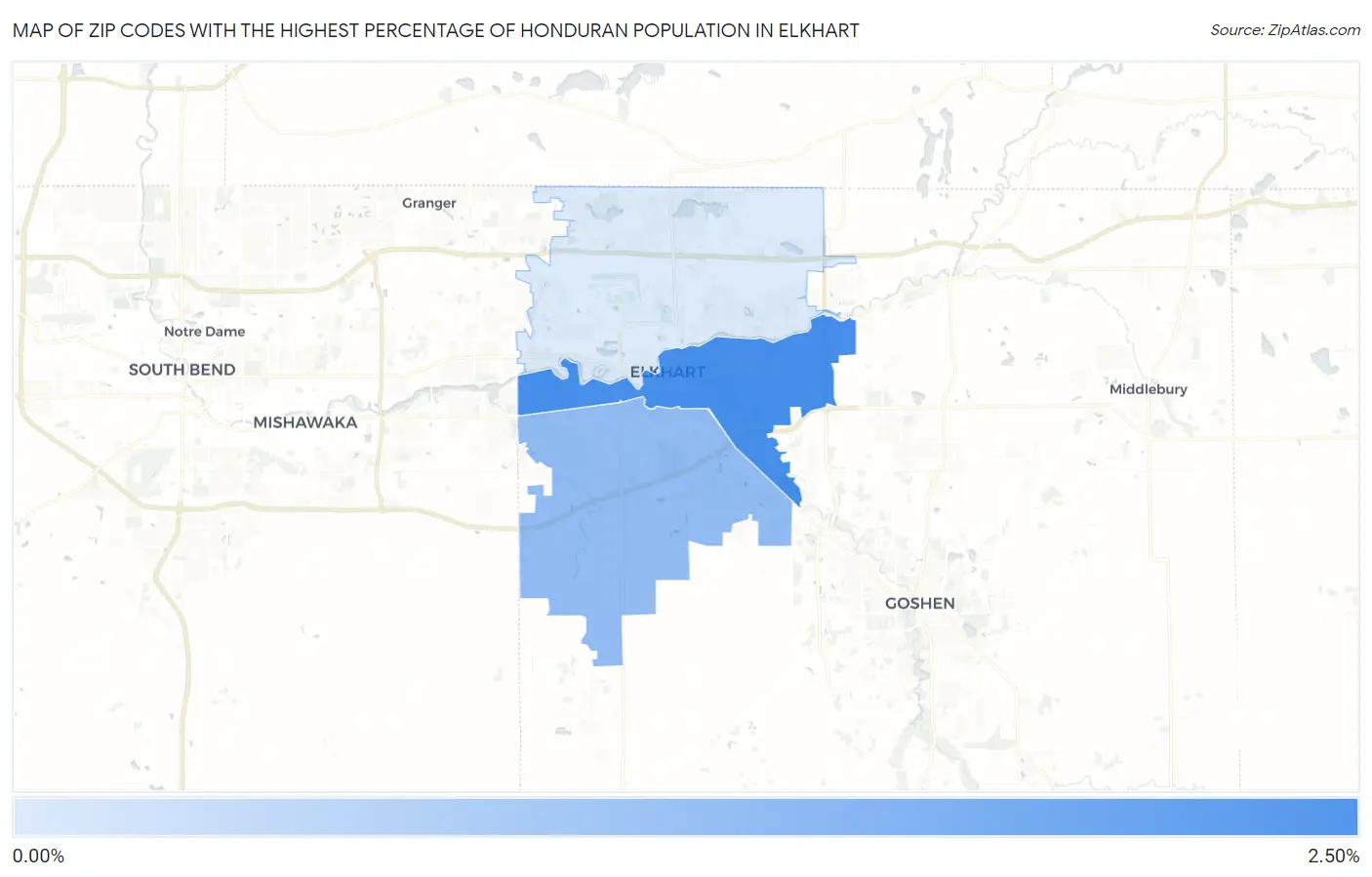 Zip Codes with the Highest Percentage of Honduran Population in Elkhart Map