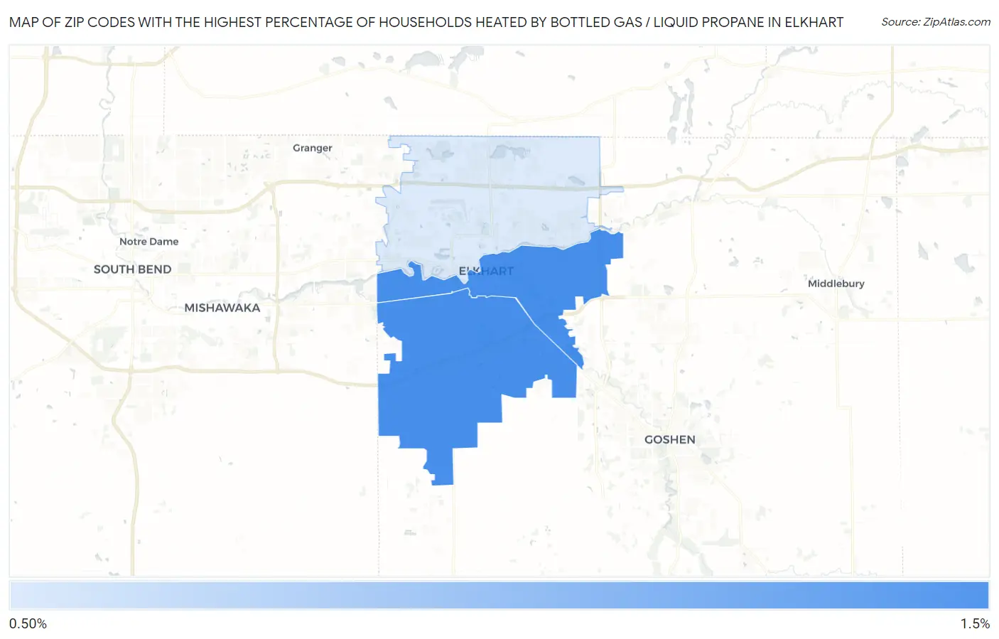 Zip Codes with the Highest Percentage of Households Heated by Bottled Gas / Liquid Propane in Elkhart Map