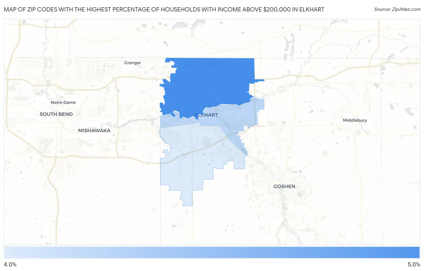 Zip Codes with the Highest Percentage of Households with Income Above $200,000 in Elkhart Map