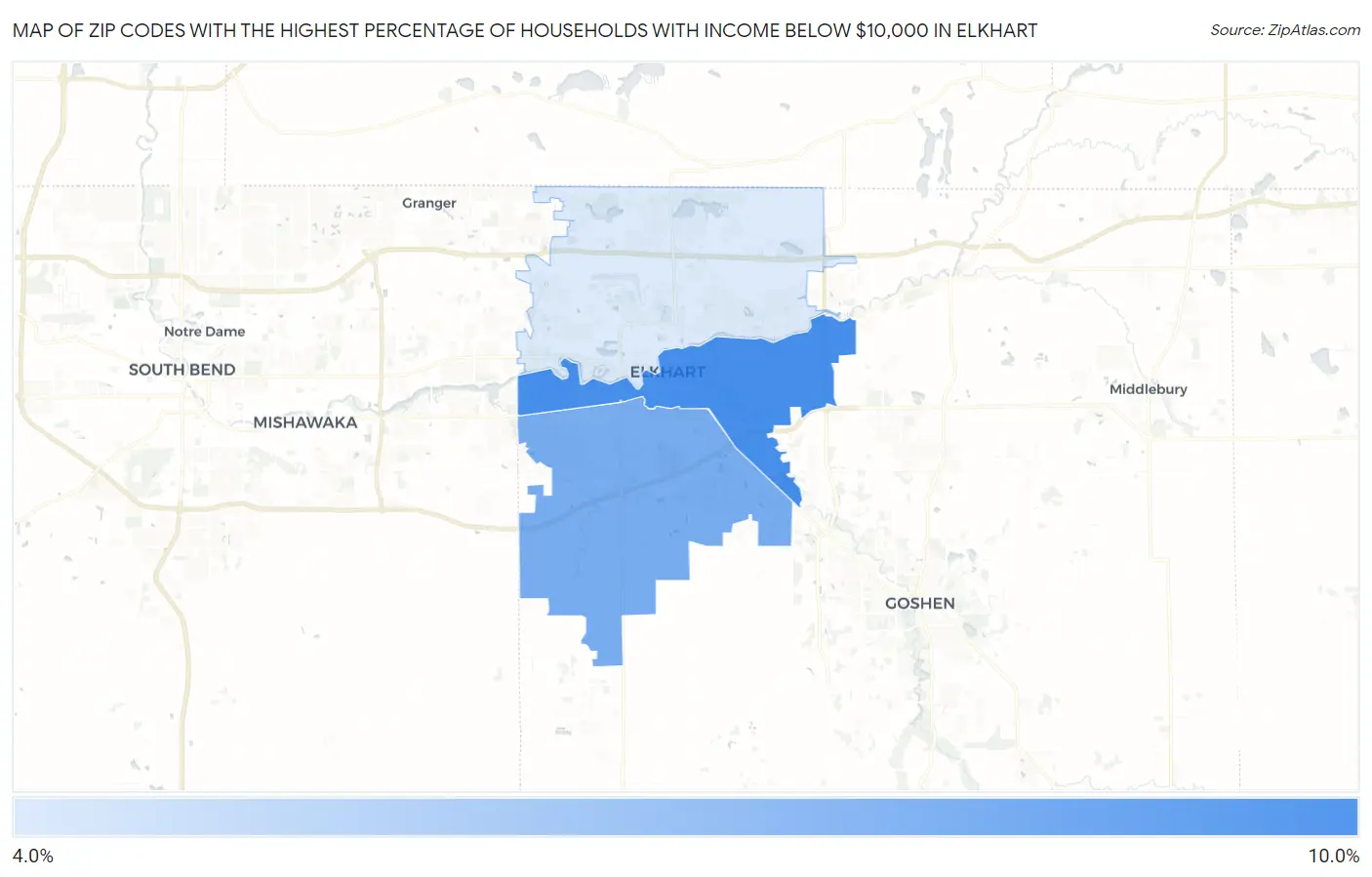 Zip Codes with the Highest Percentage of Households with Income Below $10,000 in Elkhart Map