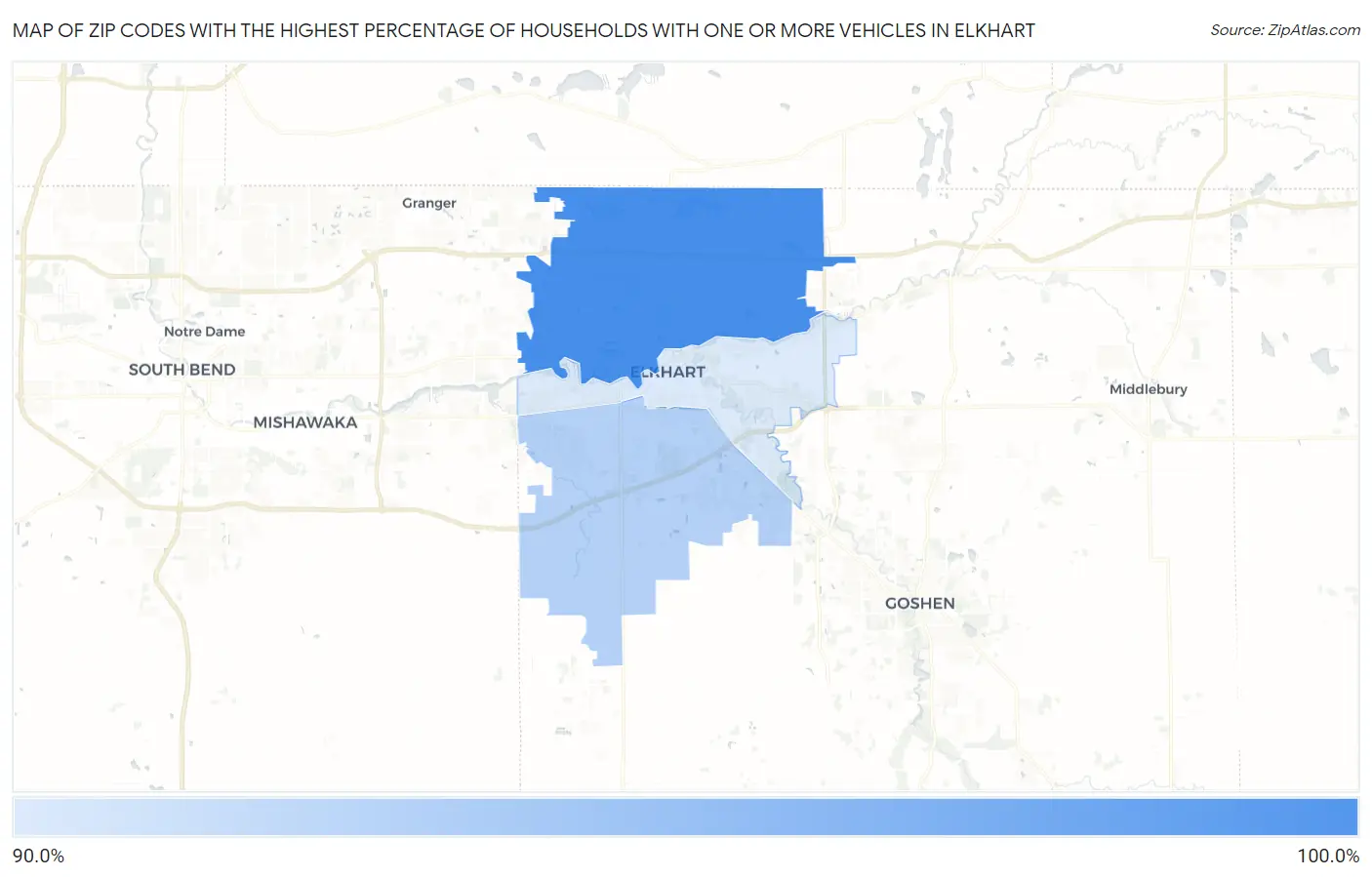 Zip Codes with the Highest Percentage of Households With One or more Vehicles in Elkhart Map