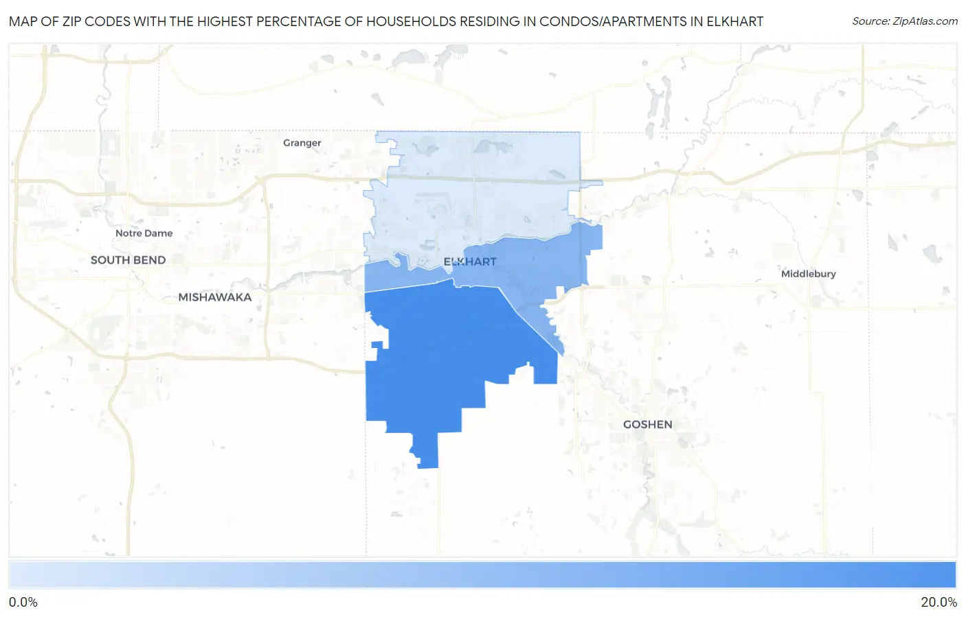 Zip Codes with the Highest Percentage of Households Residing in Condos/Apartments in Elkhart Map