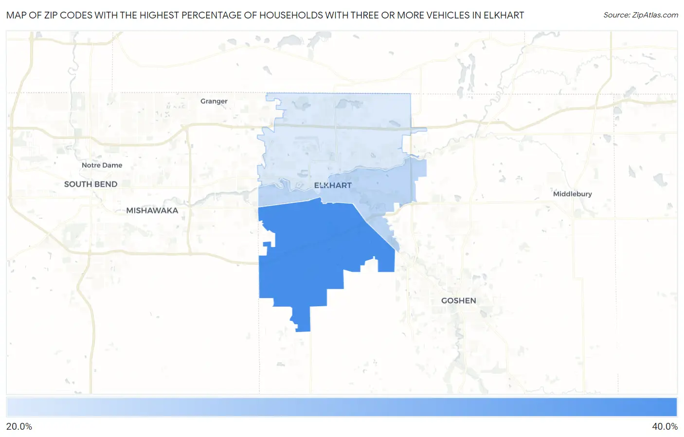 Zip Codes with the Highest Percentage of Households With Three or more Vehicles in Elkhart Map