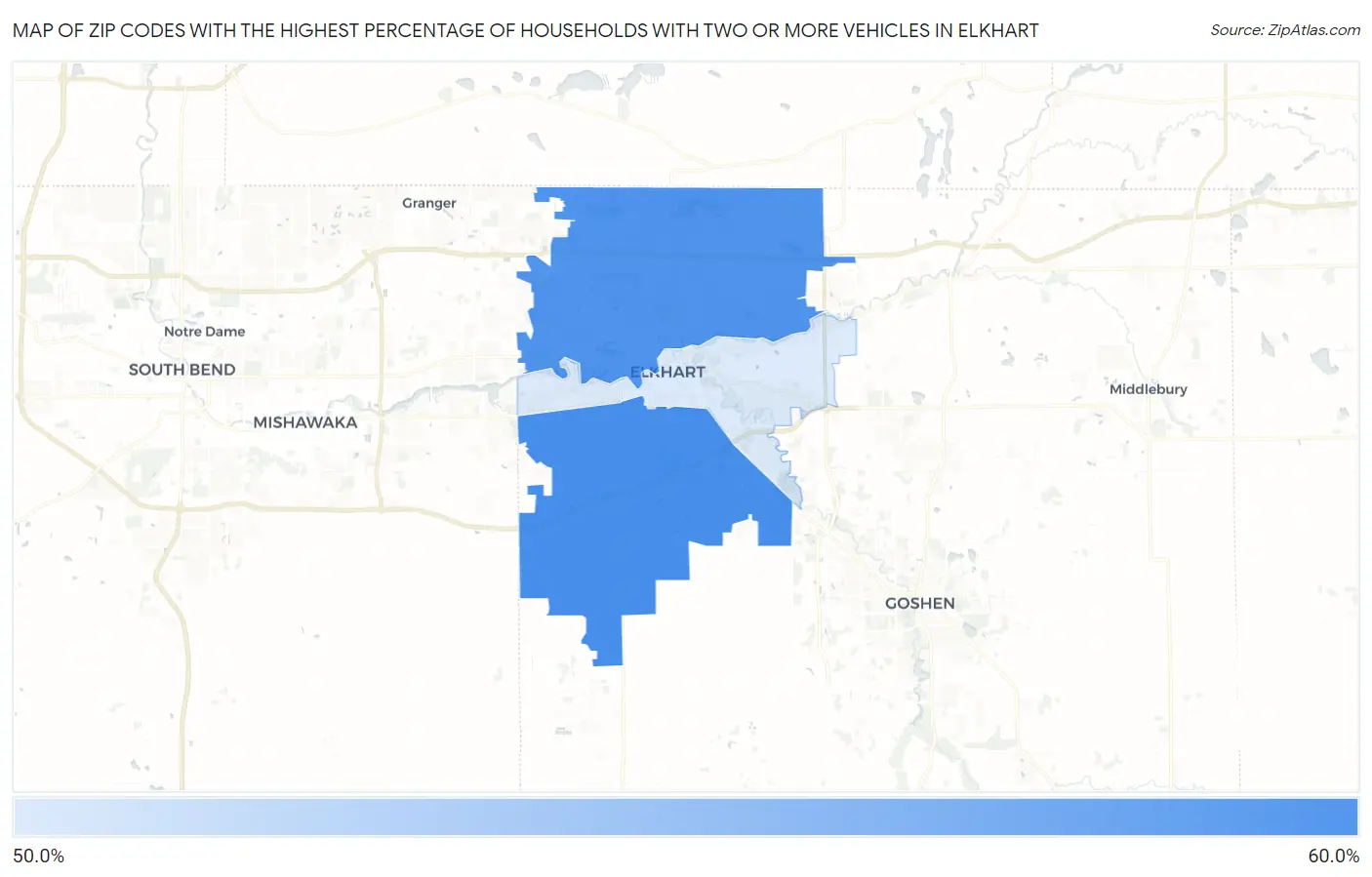 Zip Codes with the Highest Percentage of Households With Two or more Vehicles in Elkhart Map
