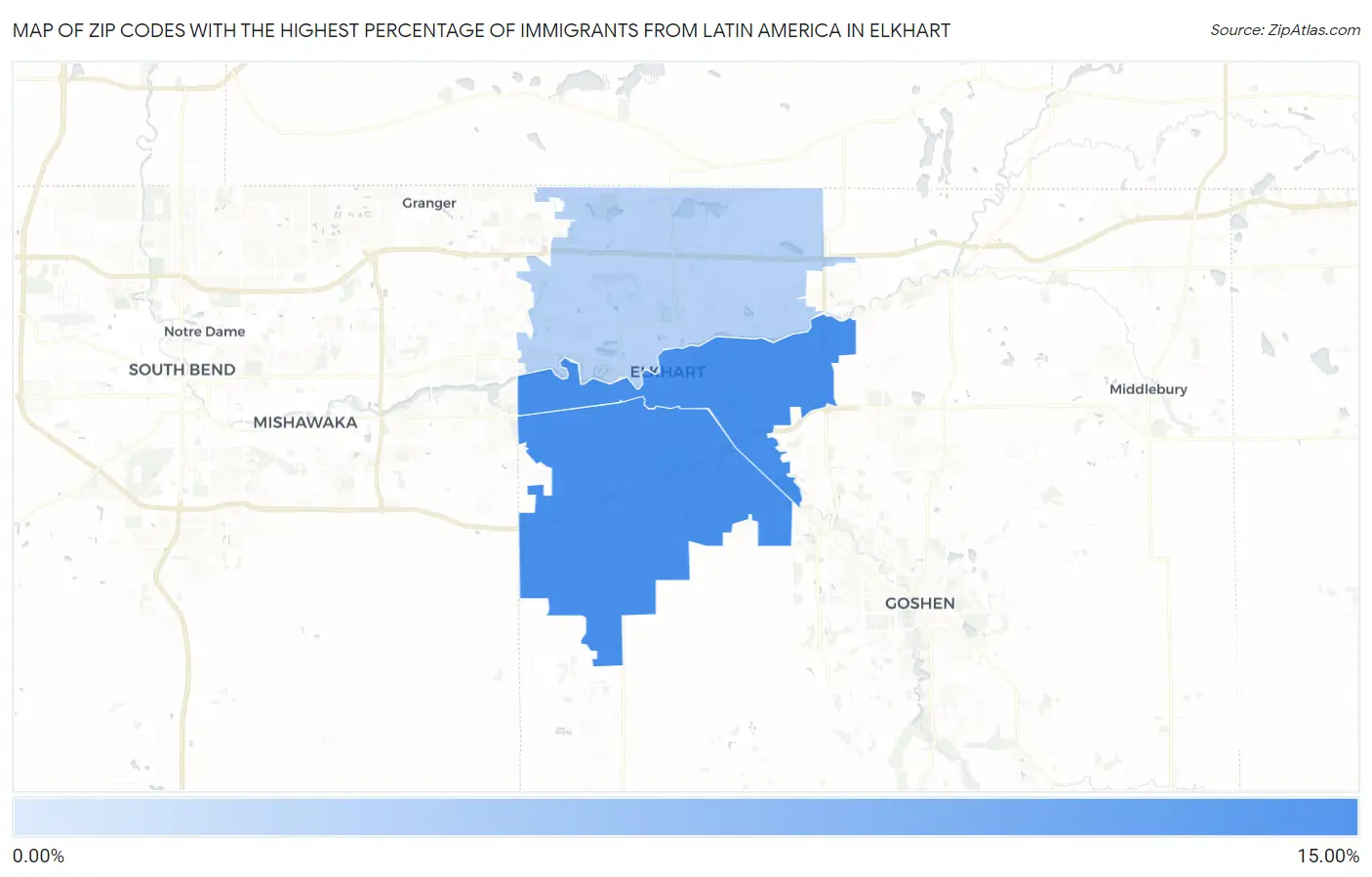 Zip Codes with the Highest Percentage of Immigrants from Latin America in Elkhart Map