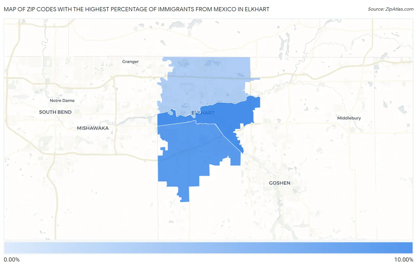 Zip Codes with the Highest Percentage of Immigrants from Mexico in Elkhart Map
