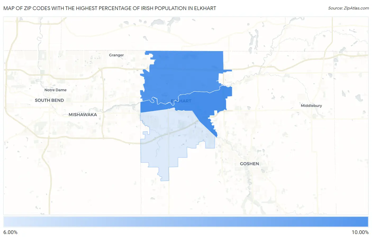 Zip Codes with the Highest Percentage of Irish Population in Elkhart Map
