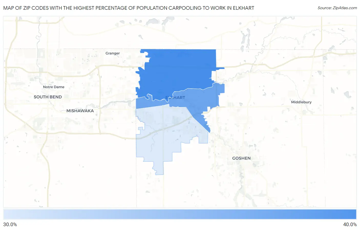 Zip Codes with the Highest Percentage of Population Carpooling to Work in Elkhart Map