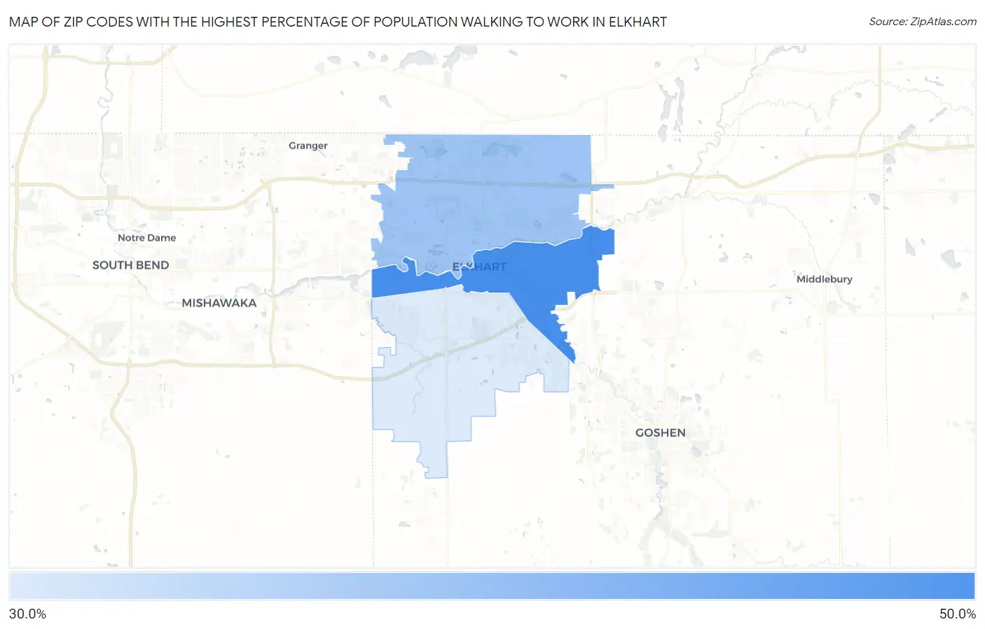 Zip Codes with the Highest Percentage of Population Walking to Work in Elkhart Map