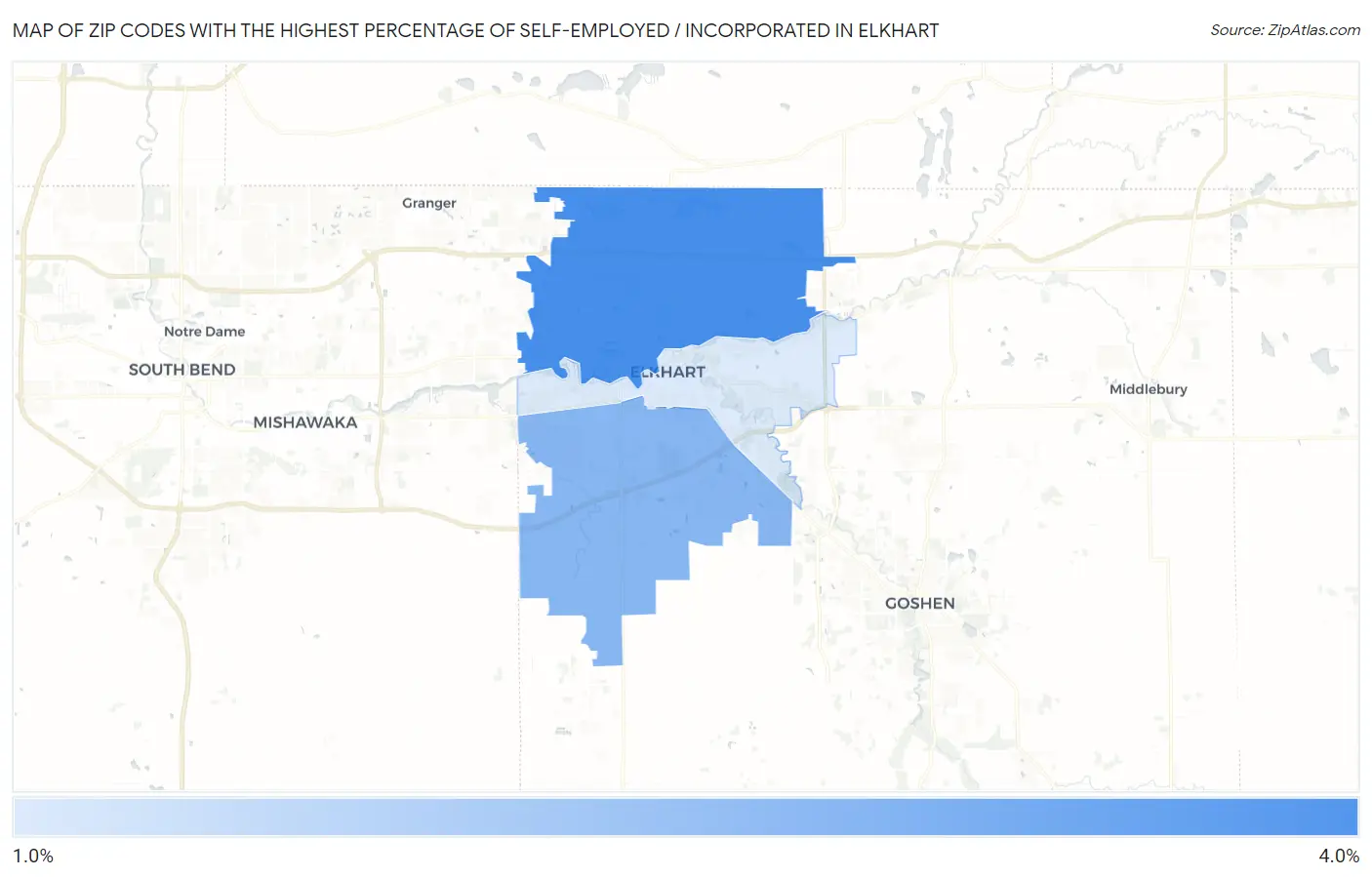 Zip Codes with the Highest Percentage of Self-Employed / Incorporated in Elkhart Map