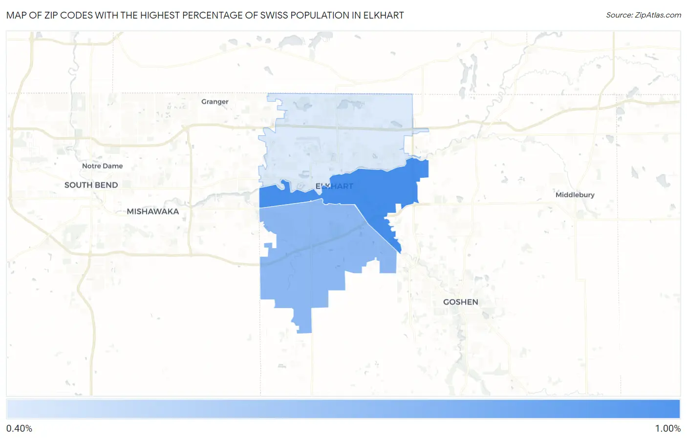 Zip Codes with the Highest Percentage of Swiss Population in Elkhart Map