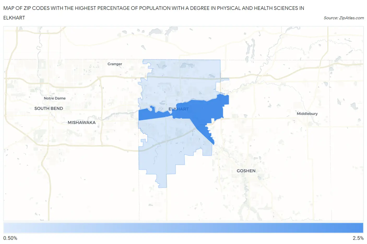 Zip Codes with the Highest Percentage of Population with a Degree in Physical and Health Sciences in Elkhart Map