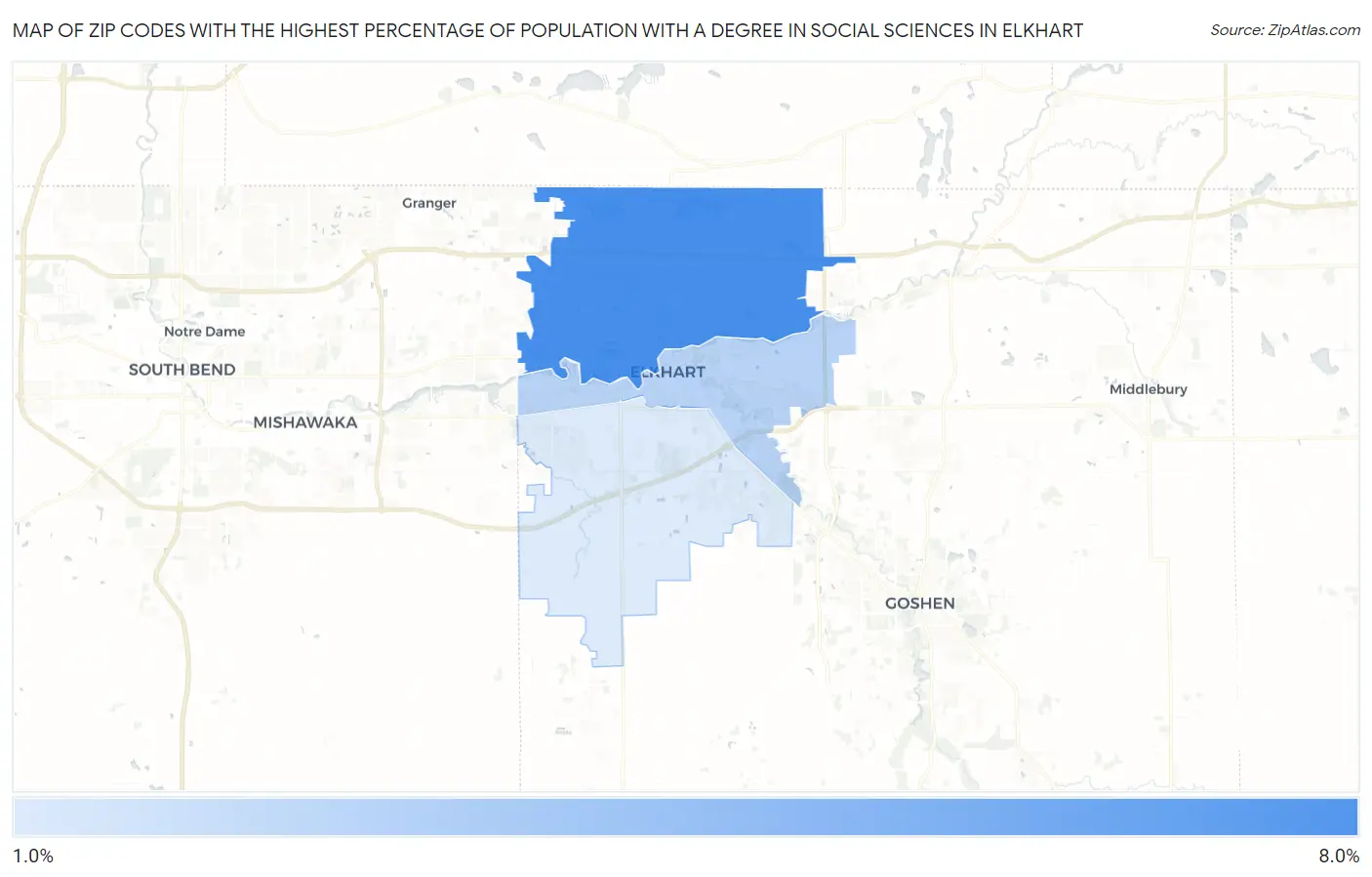 Zip Codes with the Highest Percentage of Population with a Degree in Social Sciences in Elkhart Map