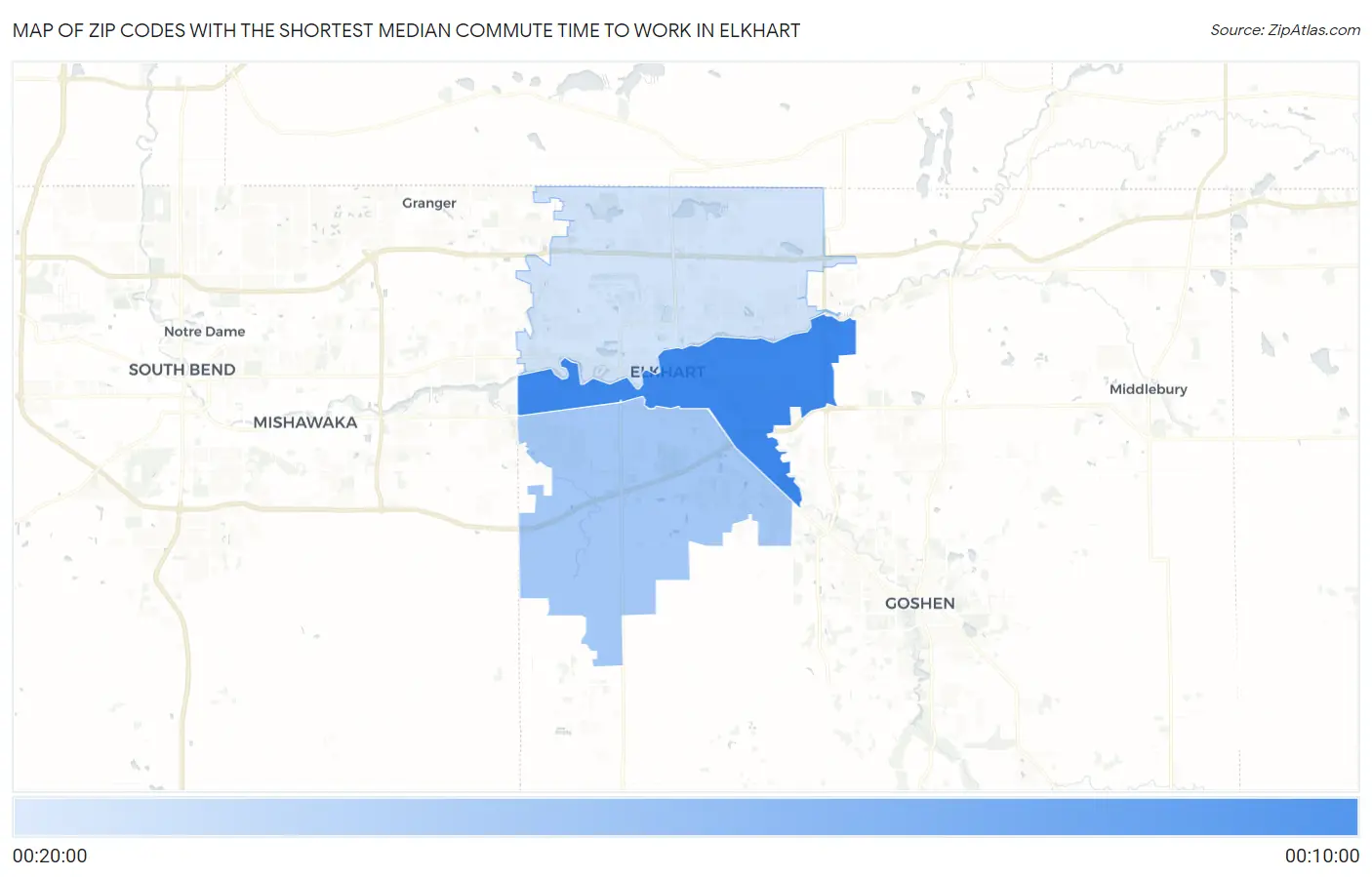 Zip Codes with the Shortest Median Commute Time to Work in Elkhart Map