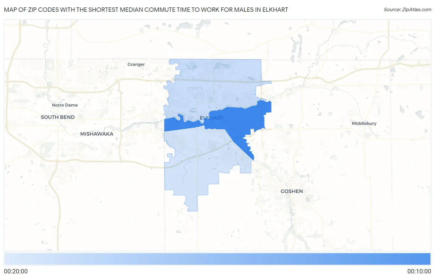 Zip Codes with the Shortest Median Commute Time to Work for Males in Elkhart Map