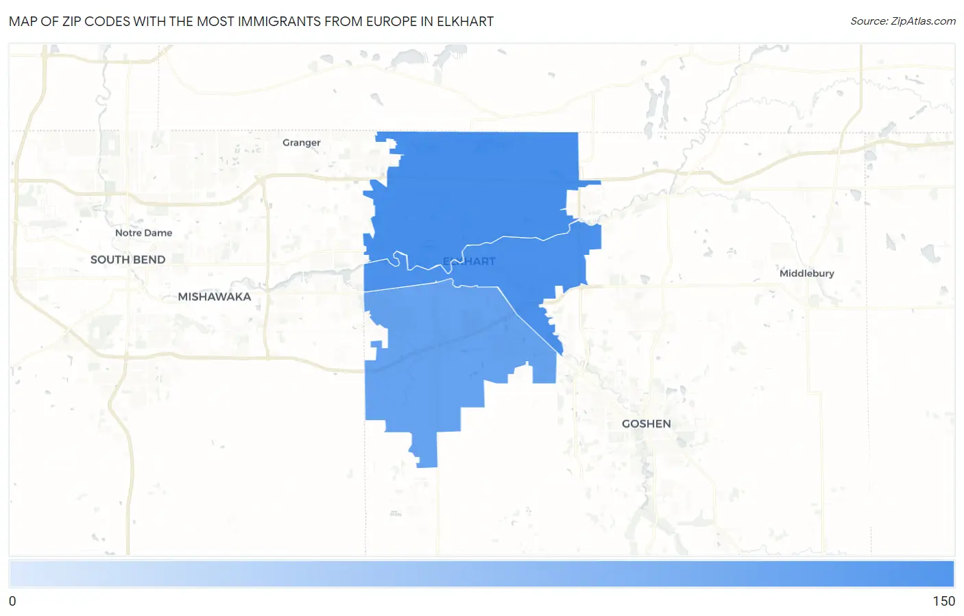 Zip Codes with the Most Immigrants from Europe in Elkhart Map