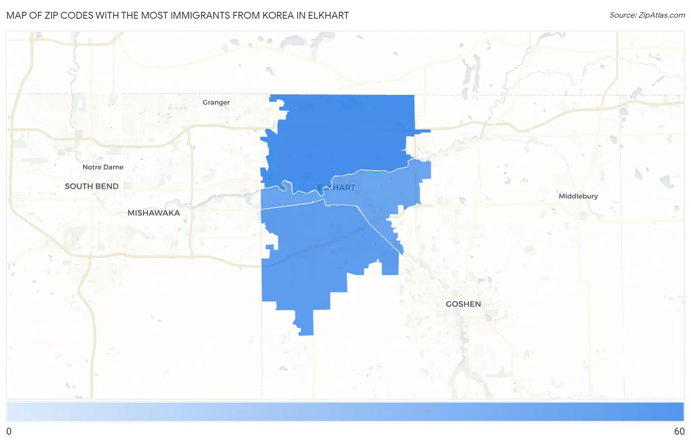 Zip Codes with the Most Immigrants from Korea in Elkhart Map