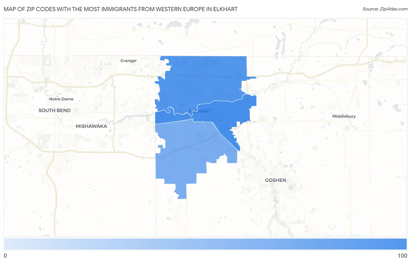 Zip Codes with the Most Immigrants from Western Europe in Elkhart Map