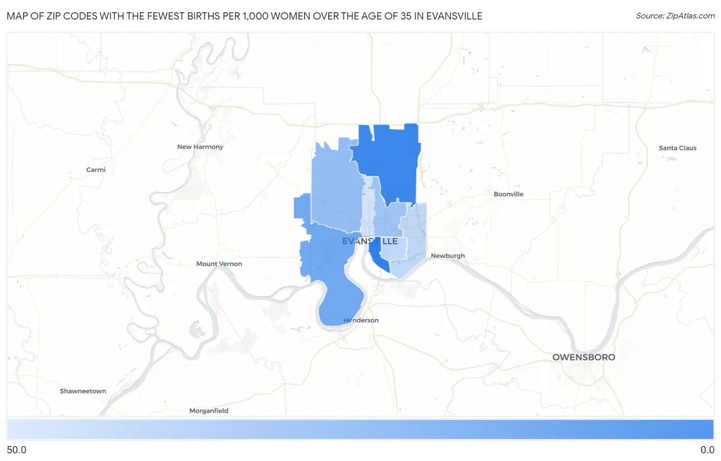 Zip Codes with the Fewest Births per 1,000 Women Over the Age of 35 in Evansville Map