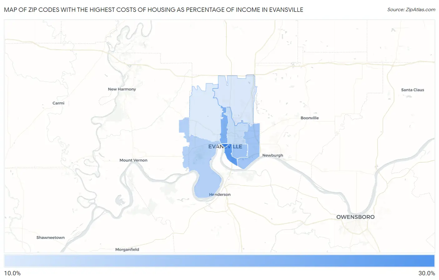 Zip Codes with the Highest Costs of Housing as Percentage of Income in Evansville Map