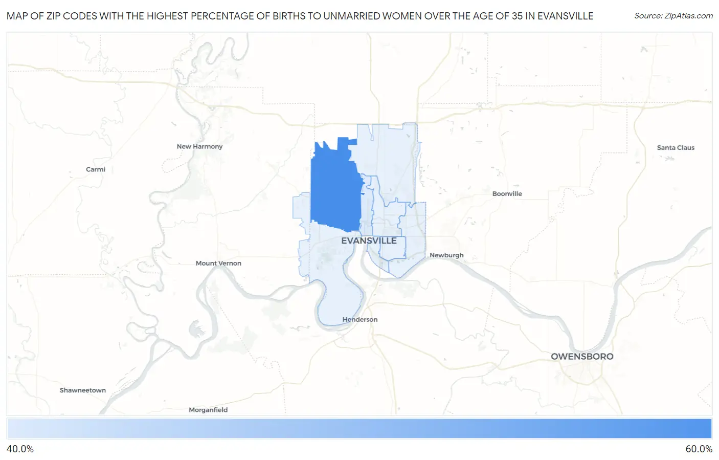 Zip Codes with the Highest Percentage of Births to Unmarried Women over the Age of 35 in Evansville Map