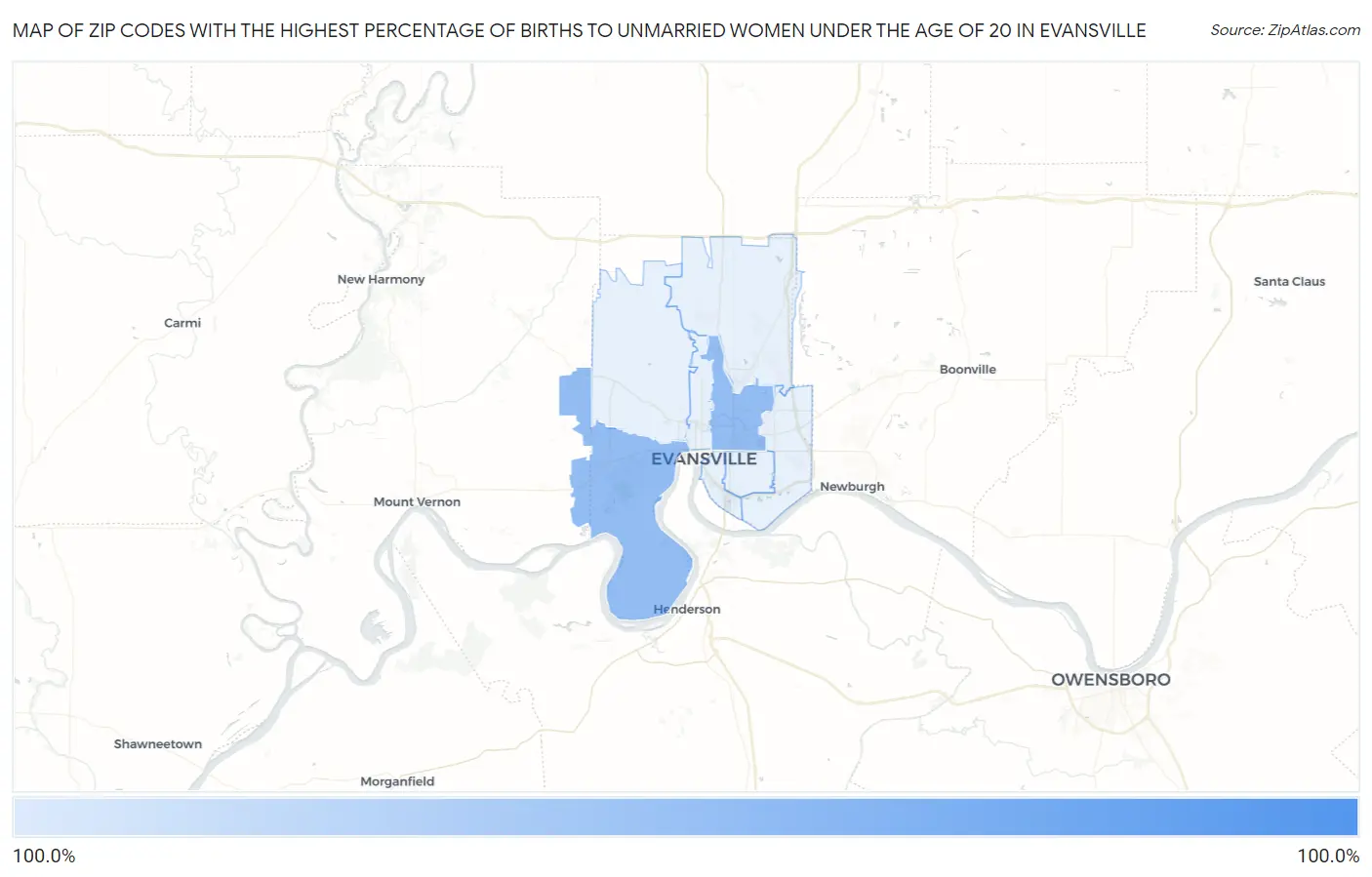 Zip Codes with the Highest Percentage of Births to Unmarried Women under the Age of 20 in Evansville Map