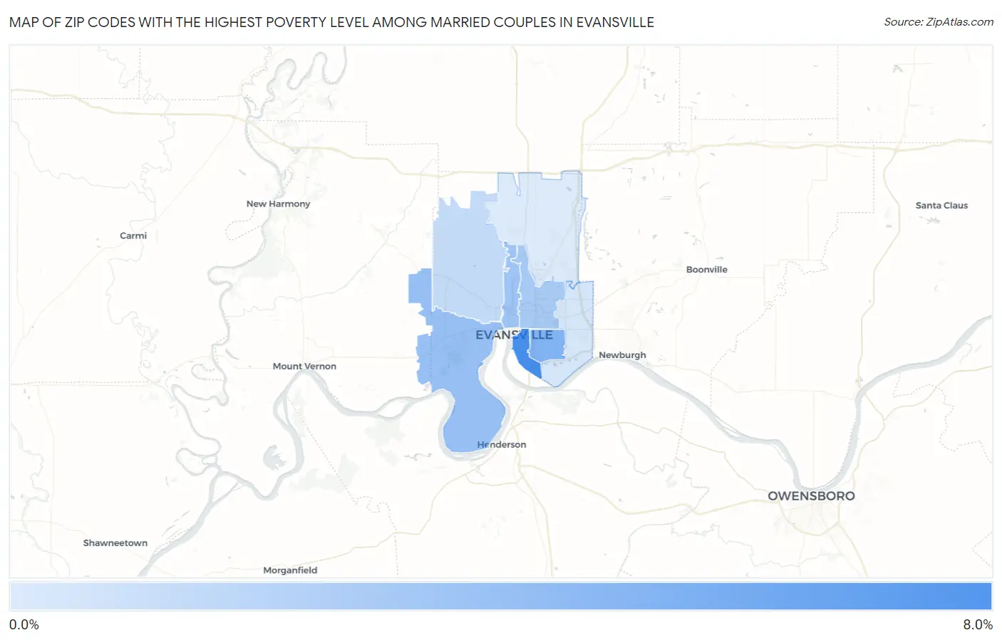 Zip Codes with the Highest Poverty Level Among Married Couples in Evansville Map