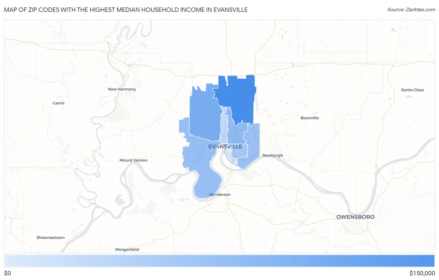 Zip Codes with the Highest Median Household Income in Evansville Map