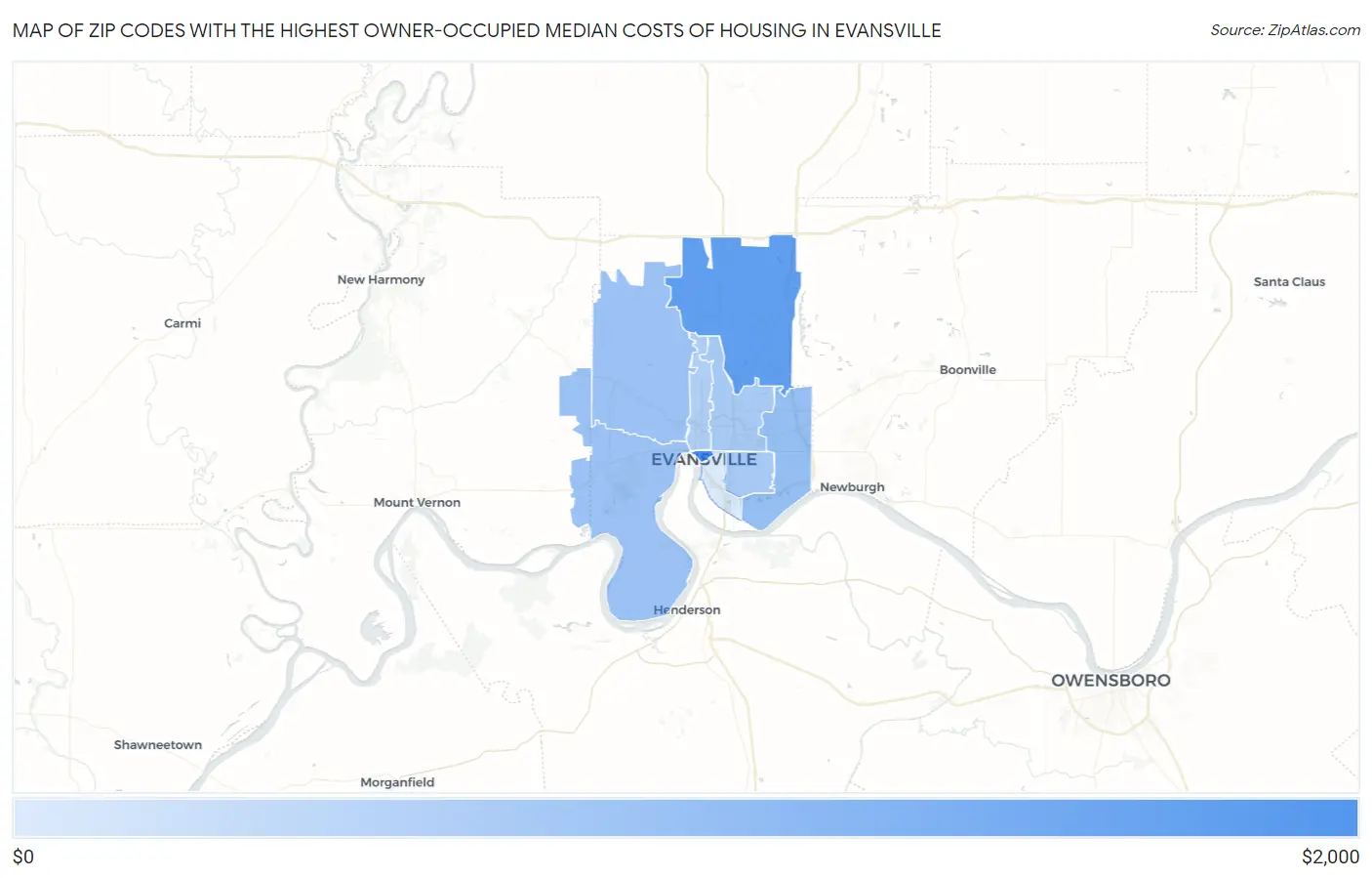 Zip Codes with the Highest Owner-Occupied Median Costs of Housing in Evansville Map