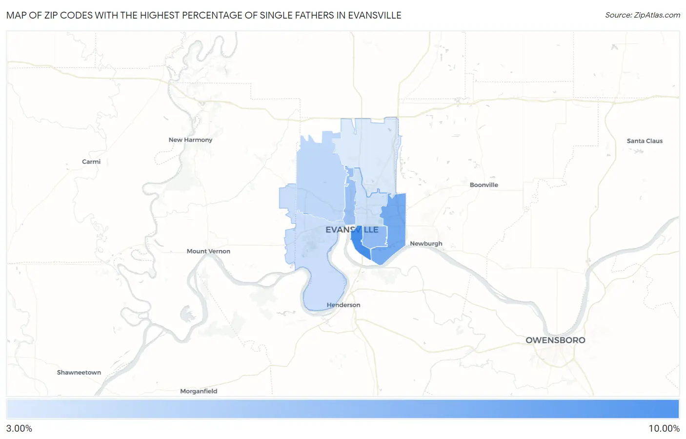 Zip Codes with the Highest Percentage of Single Fathers in Evansville Map