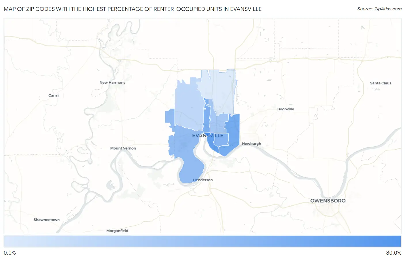 Zip Codes with the Highest Percentage of Renter-Occupied Units in Evansville Map