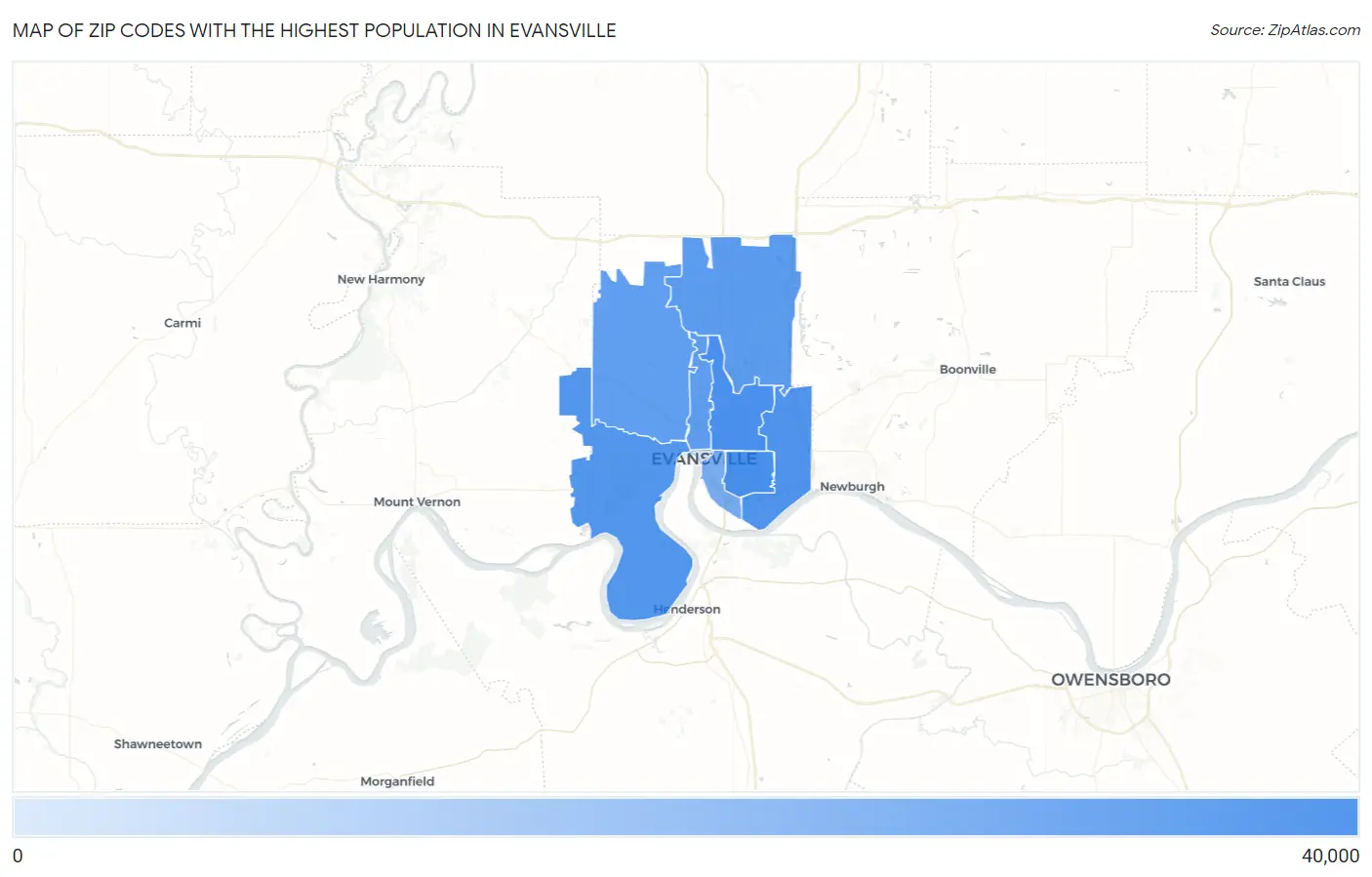 Zip Codes with the Highest Population in Evansville Map