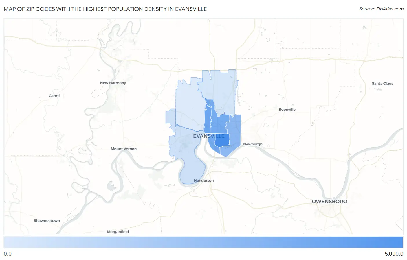 Zip Codes with the Highest Population Density in Evansville Map