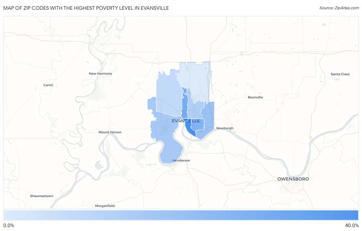Zip Codes with the Highest Poverty Level in Evansville Map